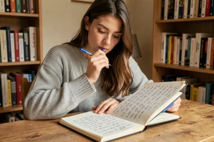 Jeune femme qui révise la conjugaison des verbes du deuxième groupe dans un cahier manuscrit, assise à un bureau en bois dans un espace étude cosy