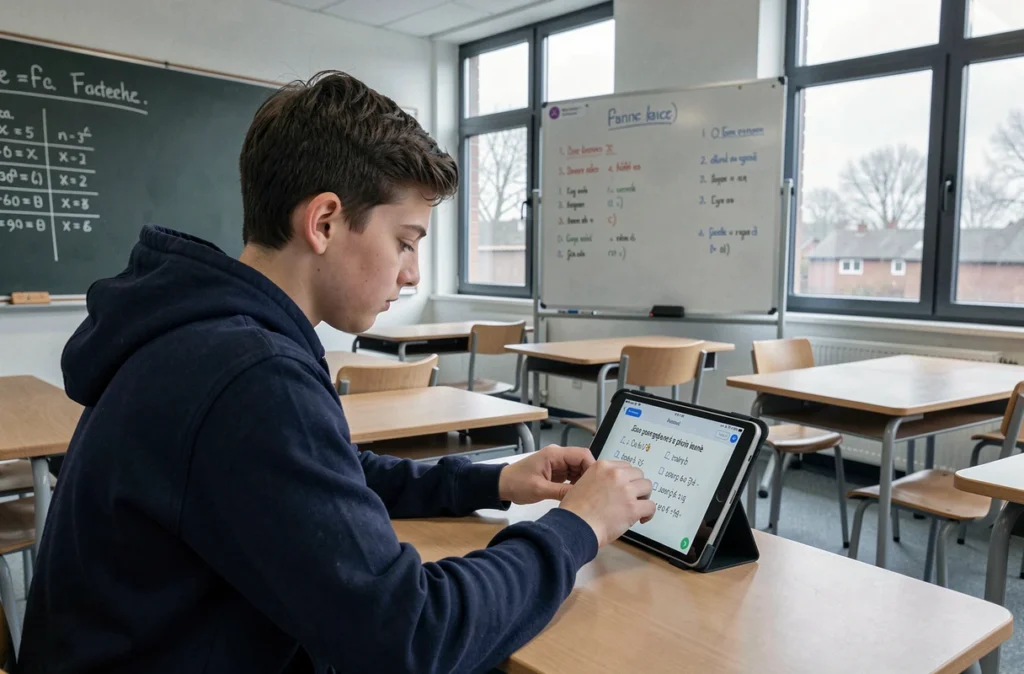 Adolescent concentré sur un quiz interactif de conjugaison des verbes du deuxième groupe sur une tablette numérique en salle de classe