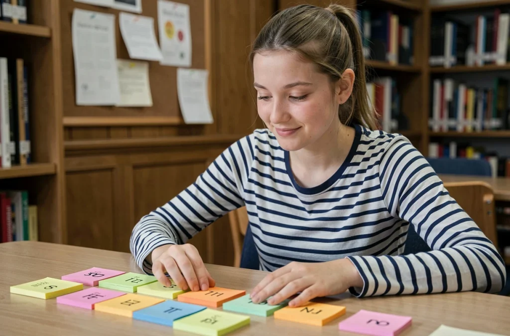 Adolescente utilisant des notes autocollantes colorées pour mémoriser Pi dans une bibliothèque scolaire