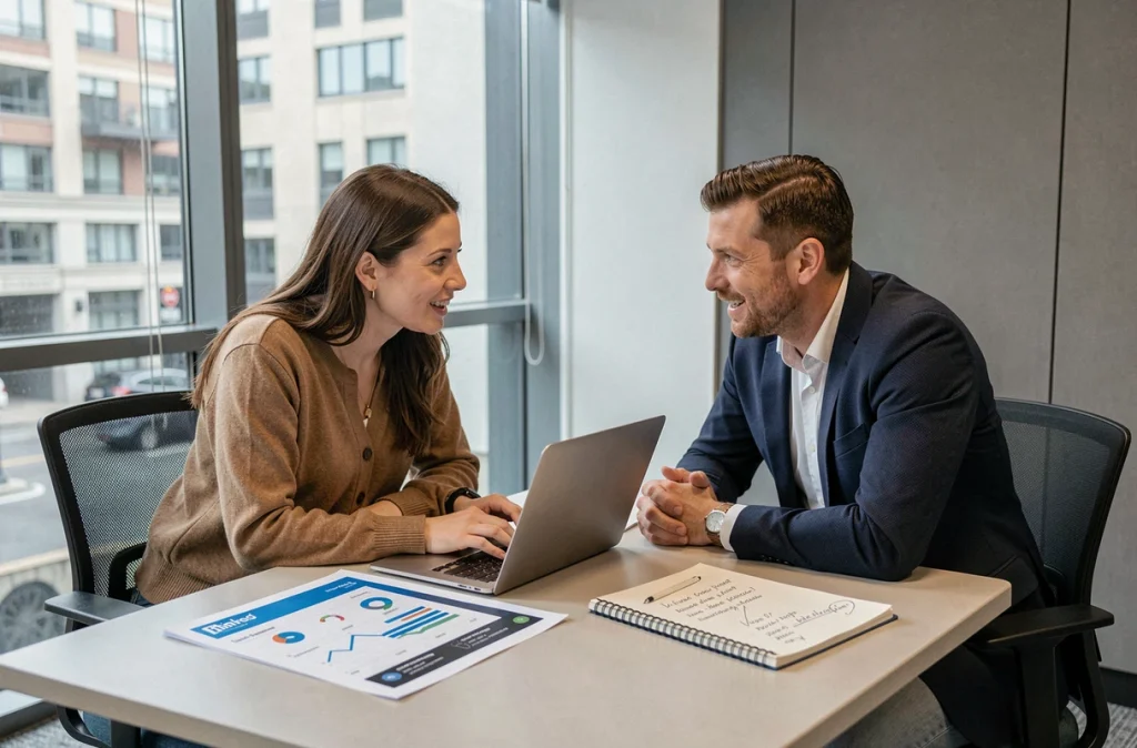 Deux collègues analysant une stratégie de prospection LinkedIn avec des données imprimées lors d'une réunion en salle de conférence