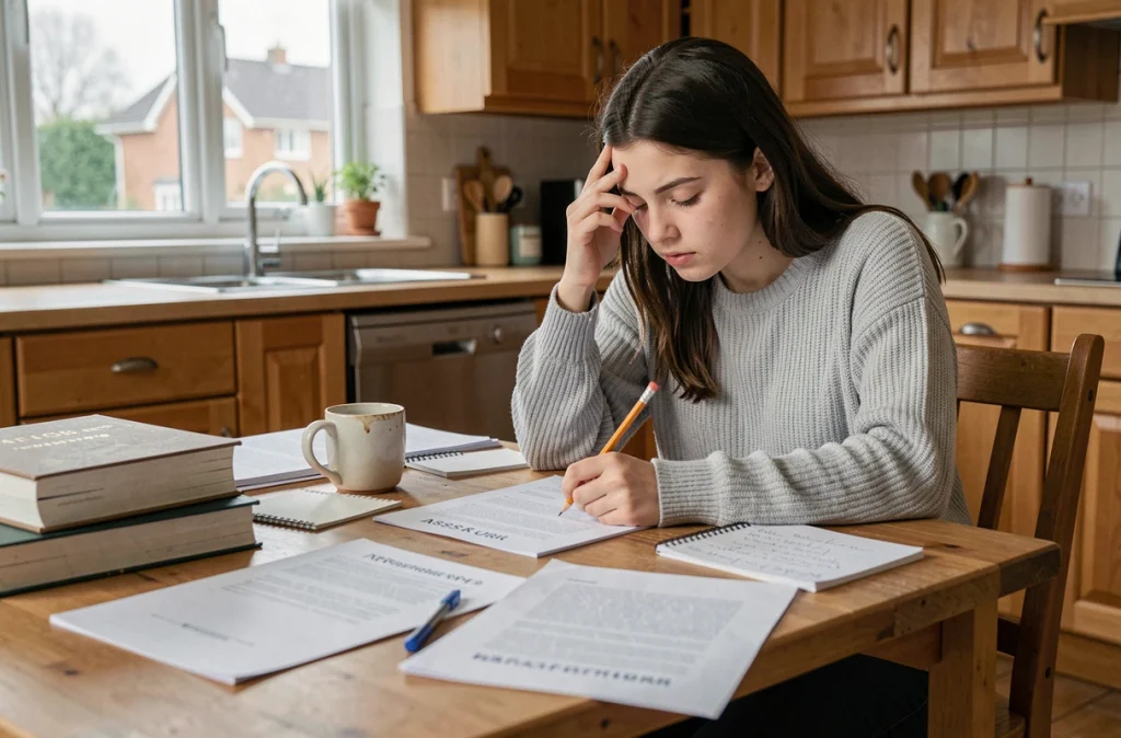 Jeune lycéenne révisant ses fiches de code de la route pour préparer l'examen ASSR à la maison