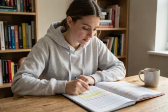 Jeune femme révisant le code de la route sur un document PDF imprimé à son bureau avec des annotations manuscrites