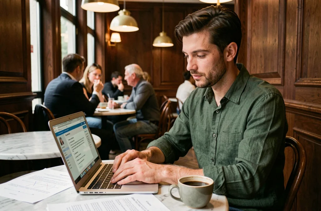 Homme qui étudie la conjugaison des verbes du deuxième groupe avec un ordinateur portable et des fiches de grammaire dans un café parisien