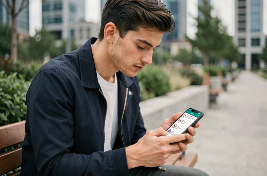 Jeune homme utilisant une application mobile pour réviser les questions du permis de conduire sur un banc en ville