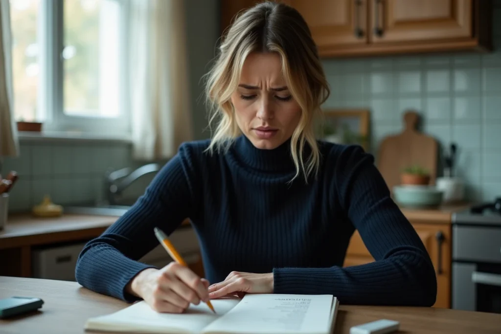 Femme faisant la grimace en relisant un vers dont la rime forcée compromet le sens dans son poème manuscrit