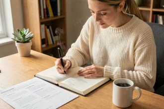 Femme écrivant dans un journal le matin avec un livret d'exercices d'écriture PDF imprimé posé sur un bureau en bois