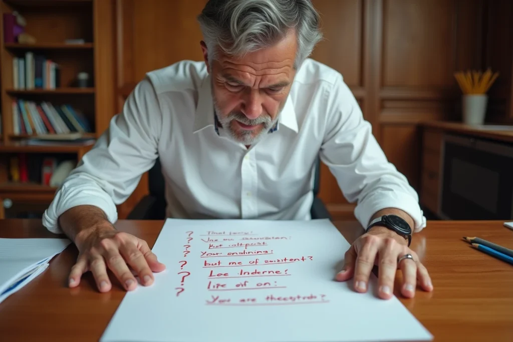 Homme confus examinant un sizain sans schéma de rimes cohérent, avec des flèches et points d'interrogation en rouge sur la feuille