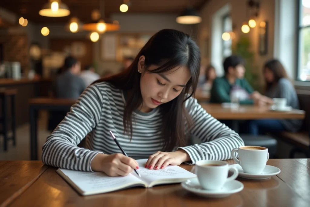 Femme rédigeant les six vers d'un sizain d'une seule traite sans relecture ni coupure dans un café, écriture de plus en plus désordonnée