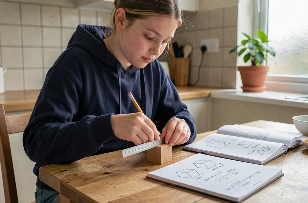 Adolescente mesurant un cube en bois avec une règle et un cahier de mathématiques ouvert sur des conversions d'unités de volume