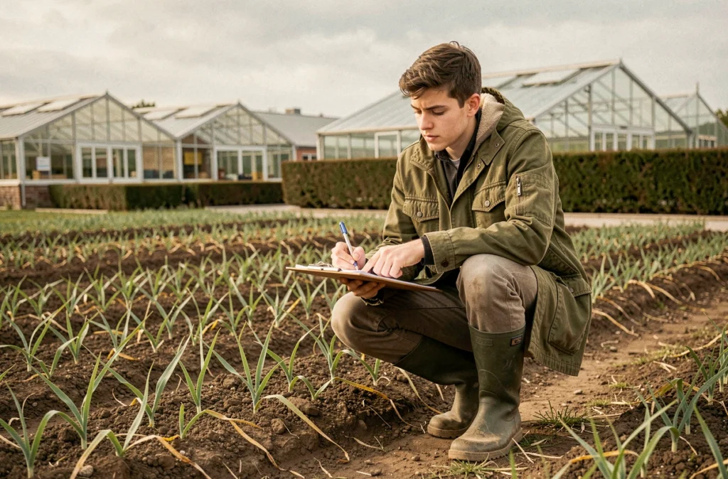 Étudiant d'AgroParisTech effectuant des observations agronomiques sur le campus de recherche en Essonne