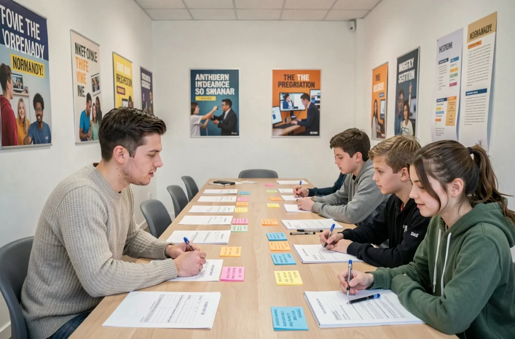 Professeur Anacours Normandie animant un stage de révision intensive avec des lycéens autour d'une table couverte de fiches de cours