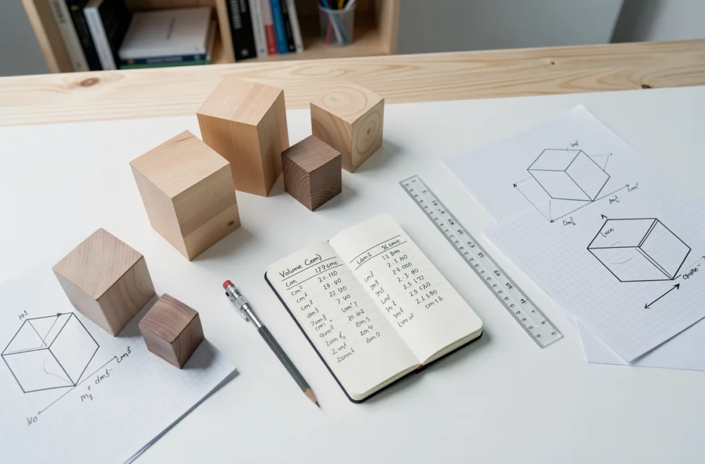 Vue du dessus d'un bureau avec des cubes en bois, une règle et un carnet de notes sur les conversions d'unités de volume