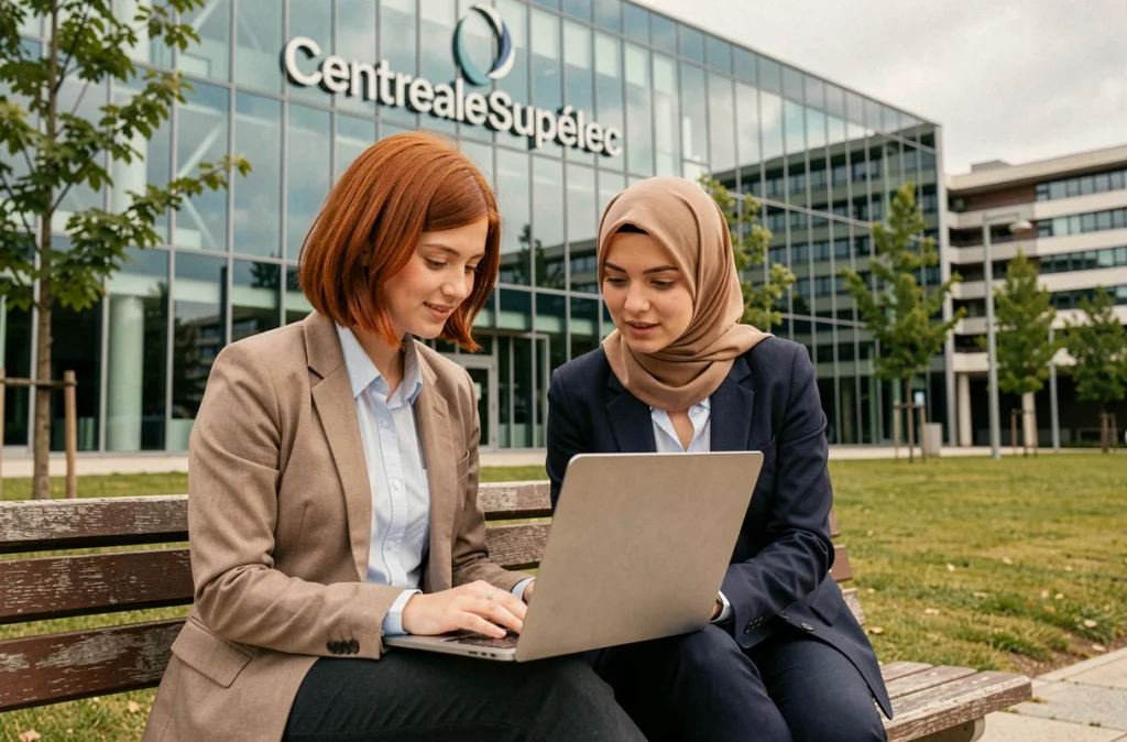 Étudiantes travaillant devant le bâtiment moderne de CentraleSupélec sur le campus Paris-Saclay en Essonne