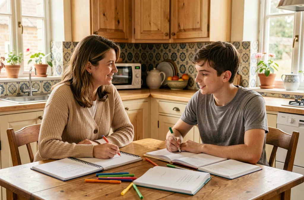 Professeure de Complétude Normandie assurant une séance de soutien scolaire à domicile auprès d'un lycéen dans une maison normande