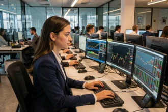Jeune femme diplômée du master El Karoui travaillant sur des terminaux Bloomberg dans une salle des marchés parisienne