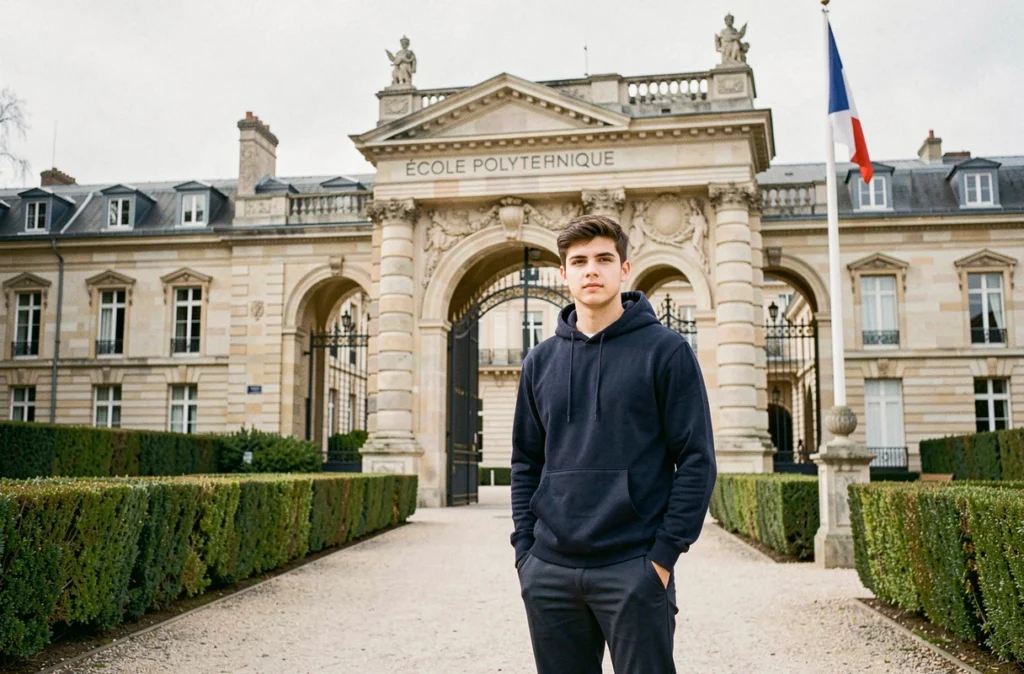 Étudiant devant le portail emblématique de l'École polytechnique à Palaiseau, grande école d'ingénieurs de renommée mondiale
