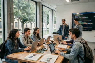 Étudiants en informatique travaillant ensemble dans une école numérique moderne en Gironde