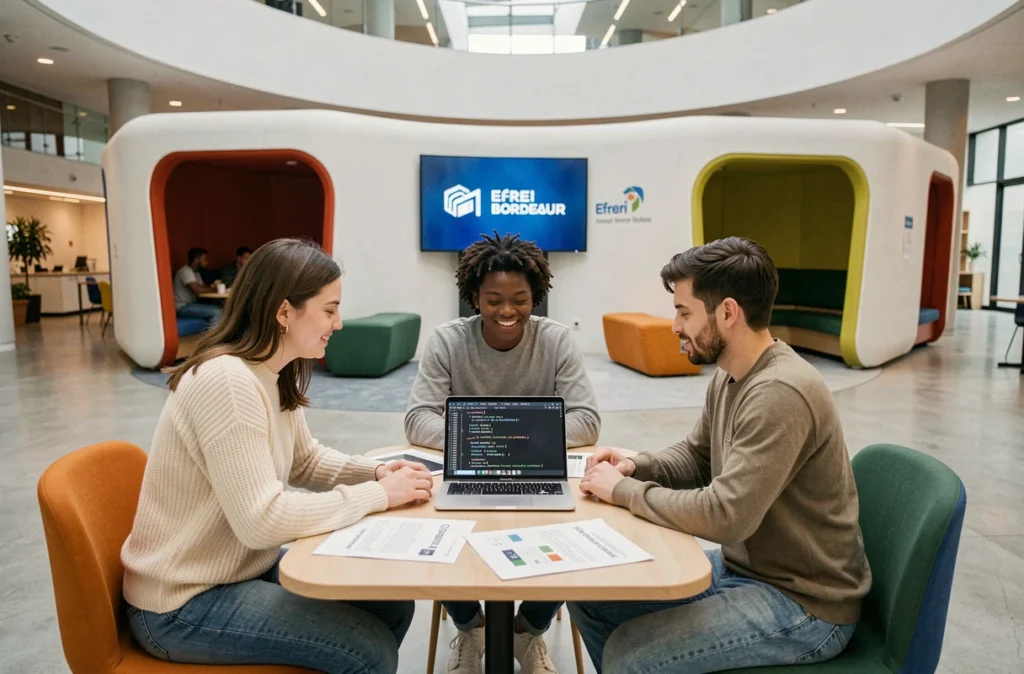 Groupe d'étudiants révisant un projet de code Python dans un espace collaboratif moderne à l'Efrei Bordeaux