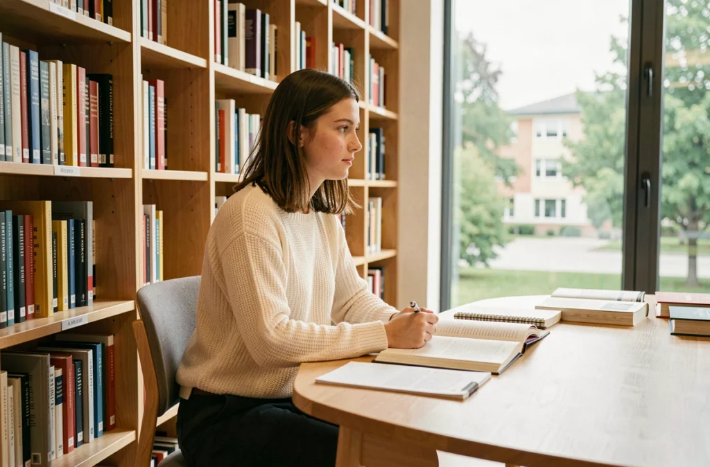 Étudiante étudiant dans la bibliothèque moderne de l'École normale supérieure Paris-Saclay à Gif-sur-Yvette en Essonne