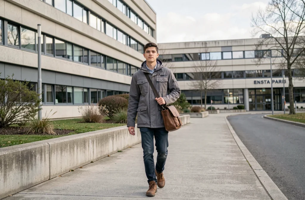 Étudiant en ingénierie marchant près de l'entrée de l'ENSTA Paris à Palaiseau, école spécialisée en technologies avancées