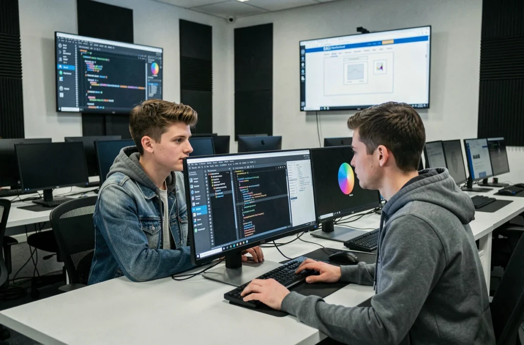 Deux étudiants en développement web collaborant sur des postes informatiques à l'ESGI Bordeaux