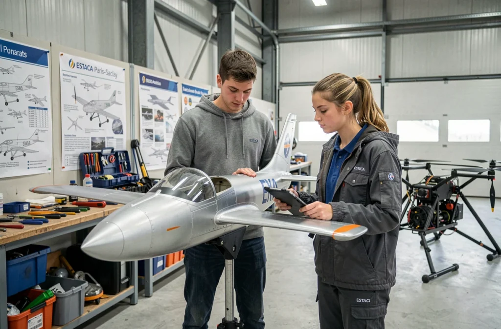 Étudiants en ingénierie aéronautique travaillant sur un modèle d'avion dans un atelier de l'ESTACA Paris-Saclay en Essonne