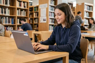 Étudiante consultant l'ENT de l'université Artois sur un ordinateur portable dans une bibliothèque universitaire moderne en 2026