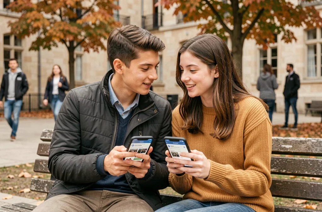 Deux étudiants consultant l'application mobile de l'ENT Artois sur leurs smartphones dans la cour du campus universitaire en automne