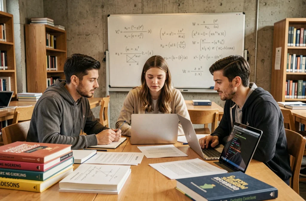 Étudiants en master El Karoui travaillant sur des modèles de finance quantitative dans une bibliothèque universitaire