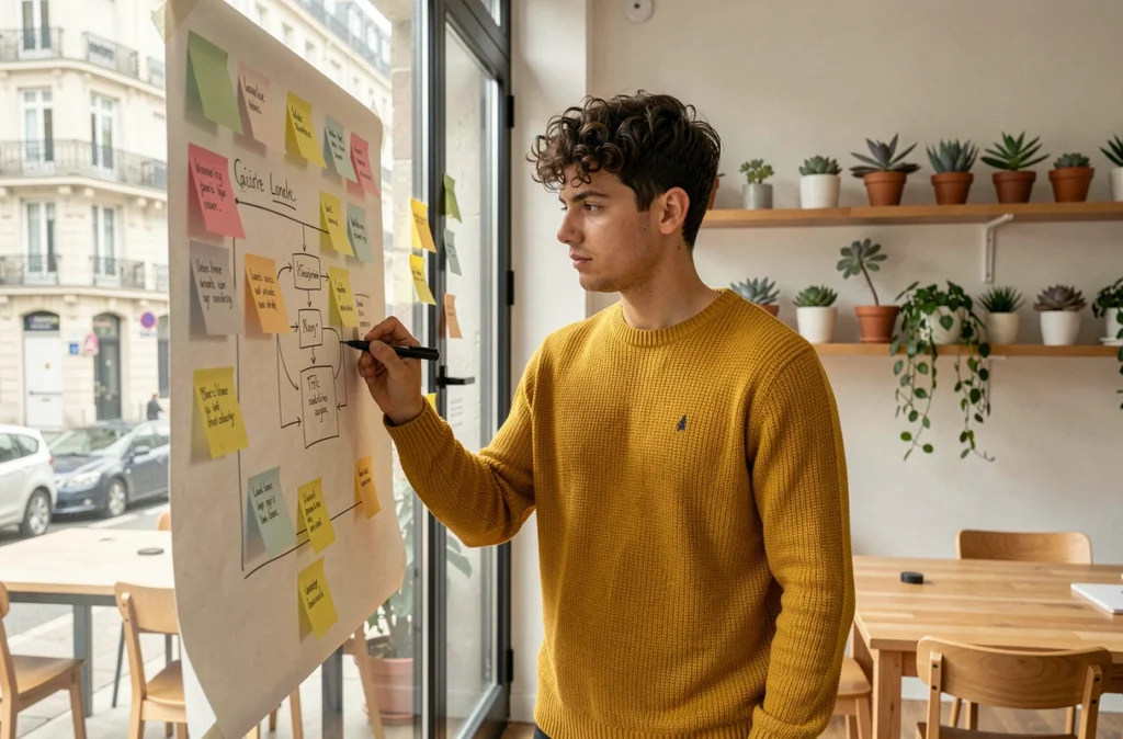 Étudiant en UX design élaborant un wireframe sur tableau de verre à HETIC Bordeaux