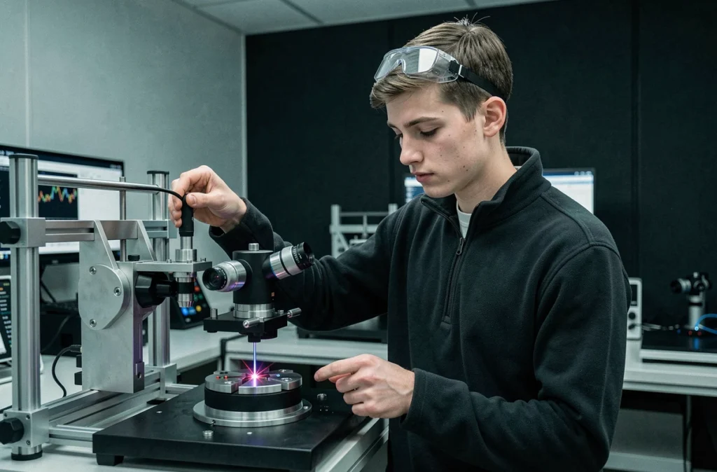 Chercheur manipulant un banc optique dans un laboratoire de l'Institut d'Optique Graduate School à Palaiseau en Essonne