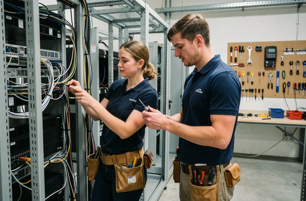 Deux étudiants en réseau informatique installant des équipements dans une salle technique à l'IPI Bordeaux