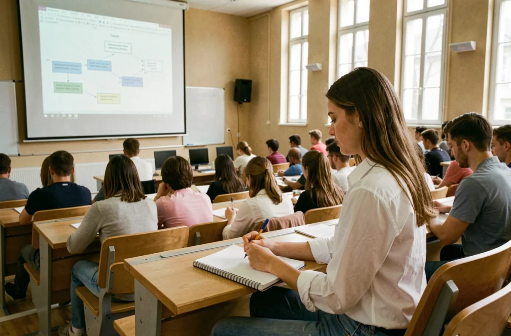 Étudiante prenant des notes lors d'un cours d'informatique en amphithéâtre à l'IUT de Bordeaux
