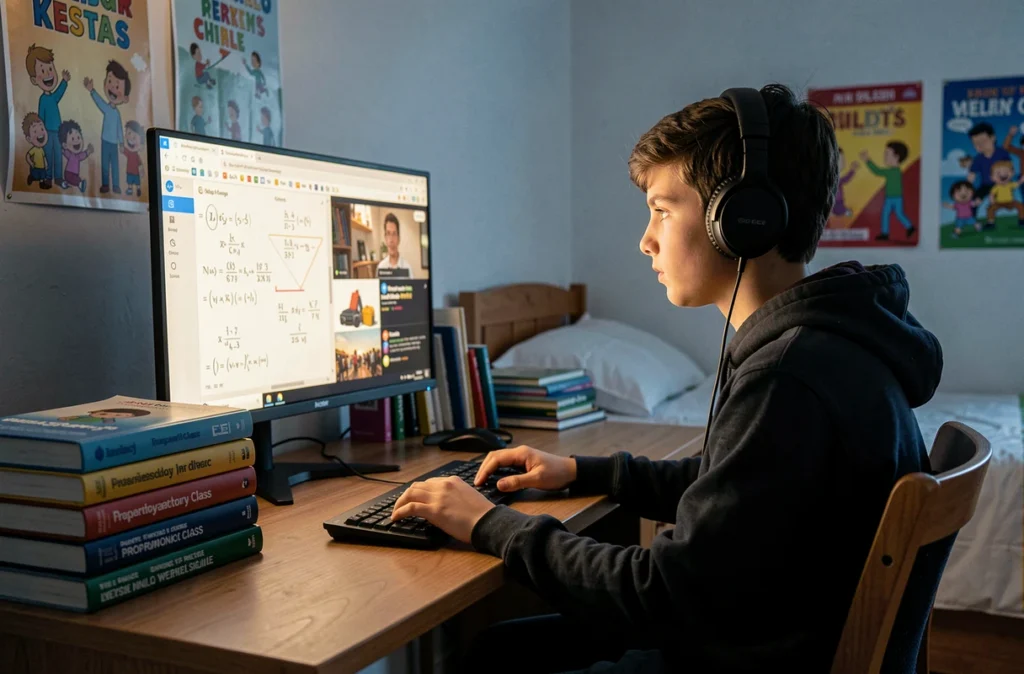 Lycéen en classe préparatoire suivant un cours en ligne sur la plateforme Les Sherpas depuis sa chambre d'étude
