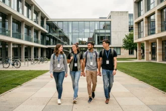 Étudiants en ingénierie marchant sur un campus universitaire moderne en Essonne, représentant les grandes écoles d'ingénieurs de la région