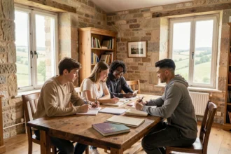Groupe d'étudiants en train de réviser ensemble dans une salle d'étude de style normand, illustrant le classement des meilleurs professeurs particuliers en Normandie