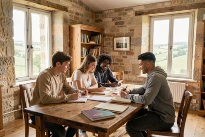 Groupe d'étudiants en train de réviser ensemble dans une salle d'étude de style normand, illustrant le classement des meilleurs professeurs particuliers en Normandie