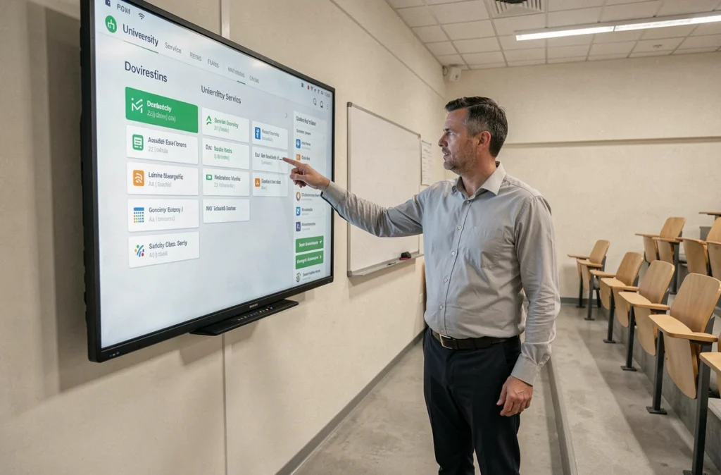Professeur présentant les nouveaux outils numériques de l'ENT Artois sur un tableau interactif dans une salle de cours universitaire