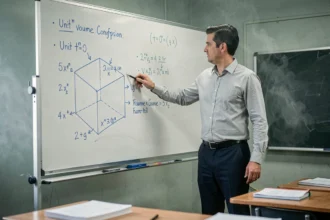 Professeur de mathématiques devant un tableau blanc avec des formules de volume de cube et des conversions d'unités