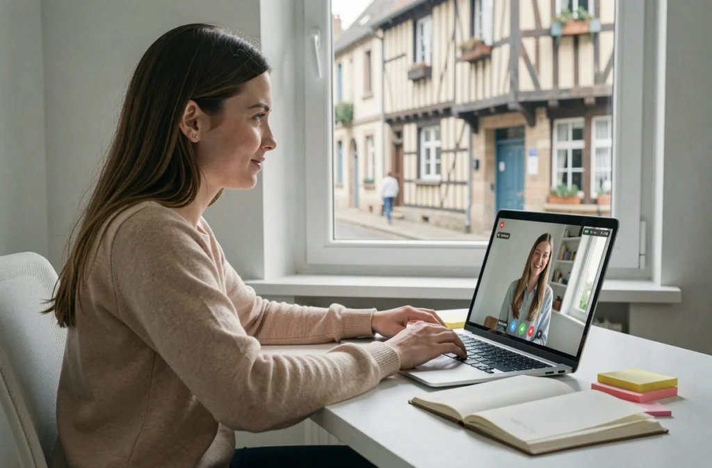 Étudiante de Caen en session de cours particuliers via la plateforme Superprof, connectée à son professeur en ligne depuis chez elle