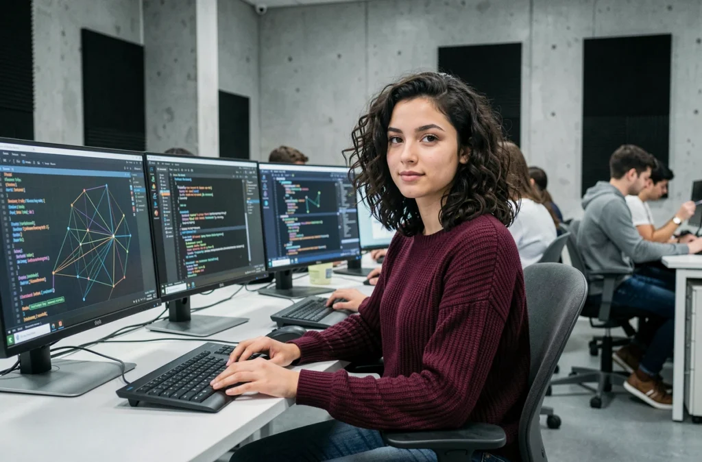 Étudiante dans un laboratoire numérique de Télécom Paris à Palaiseau, école d'ingénieurs spécialisée en télécommunications