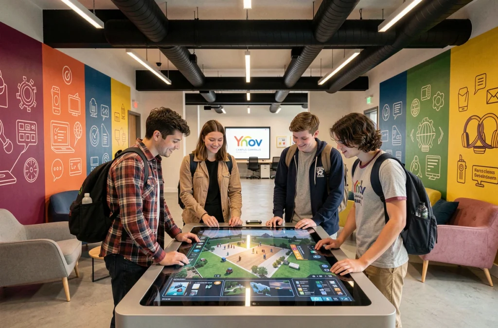 Groupe d'étudiants explorant un projet numérique interactif sur le campus d'Ynov Bordeaux