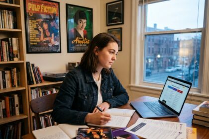 Jeune femme comparant des brochures de formations en cinéma et audiovisuel à son bureau