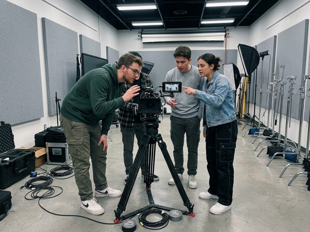 Étudiants en formation audiovisuelle travaillant avec une caméra professionnelle dans un studio universitaire