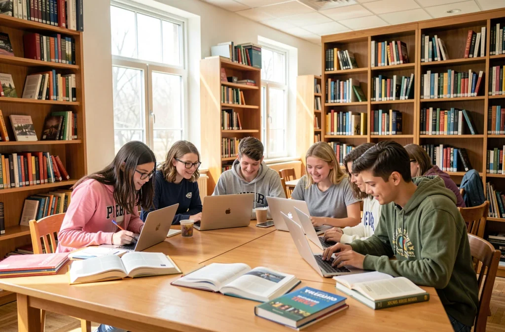 Étudiants préparant ensemble un diplôme de comptabilité en bibliothèque