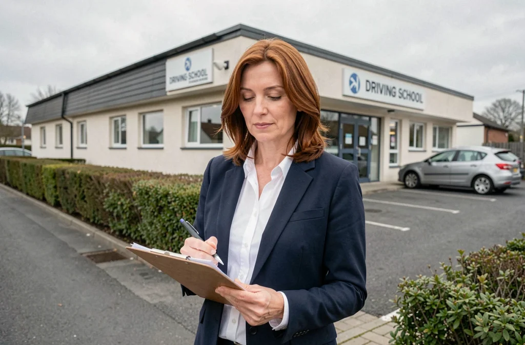 Femme monitrice d'auto école devant son établissement, tenant un clipboard lors d'une reconversion professionnelle réussie dans l'enseignement de la conduite