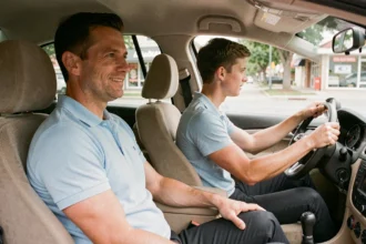 Moniteur auto école expérimenté accompagnant un élève conducteur dans un véhicule à double commande lors d'une leçon de conduite en ville