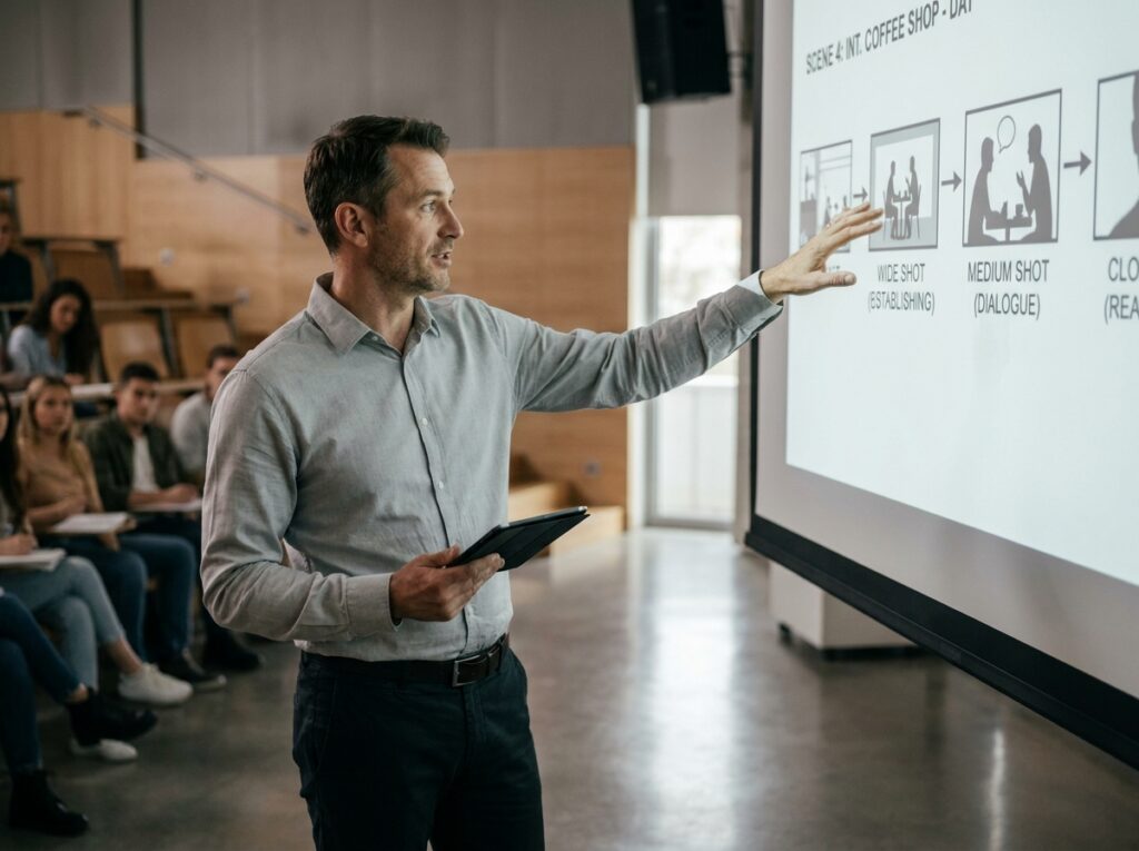 Professeur de cinéma donnant un cours magistral dans une école de formation audiovisuelle